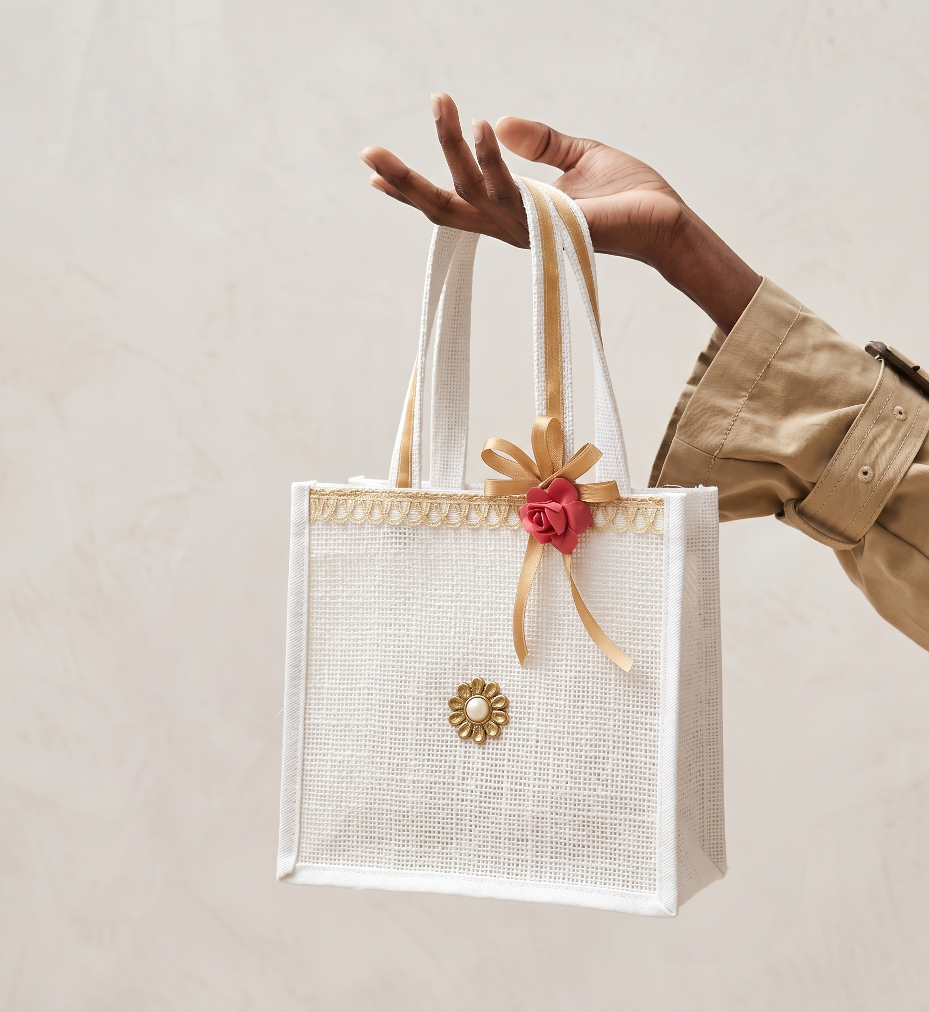 Hand holding a decorative tote bag with a red flower and gold bow on a light background