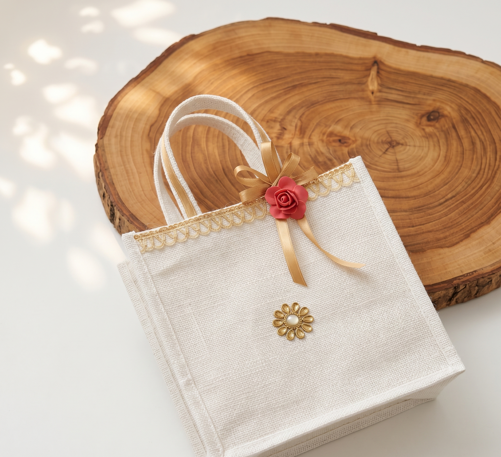 Beige tote bag with gold accents and a red flower on a wooden surface