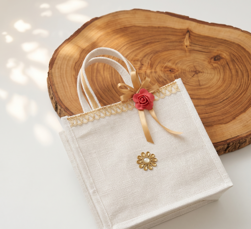 Beige tote bag with gold accents and a red flower on a wooden surface