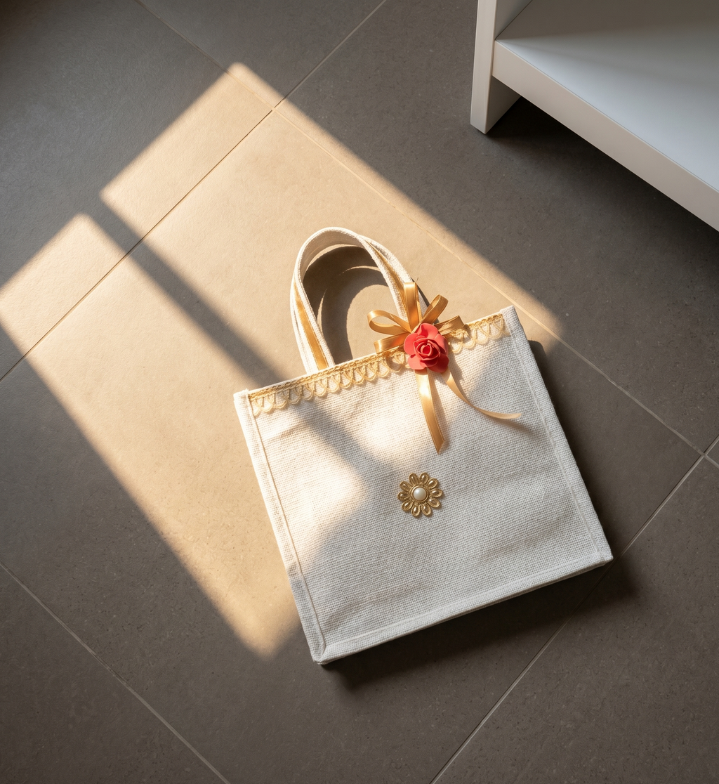 Decorative tote bag with floral embellishments on a tiled floor